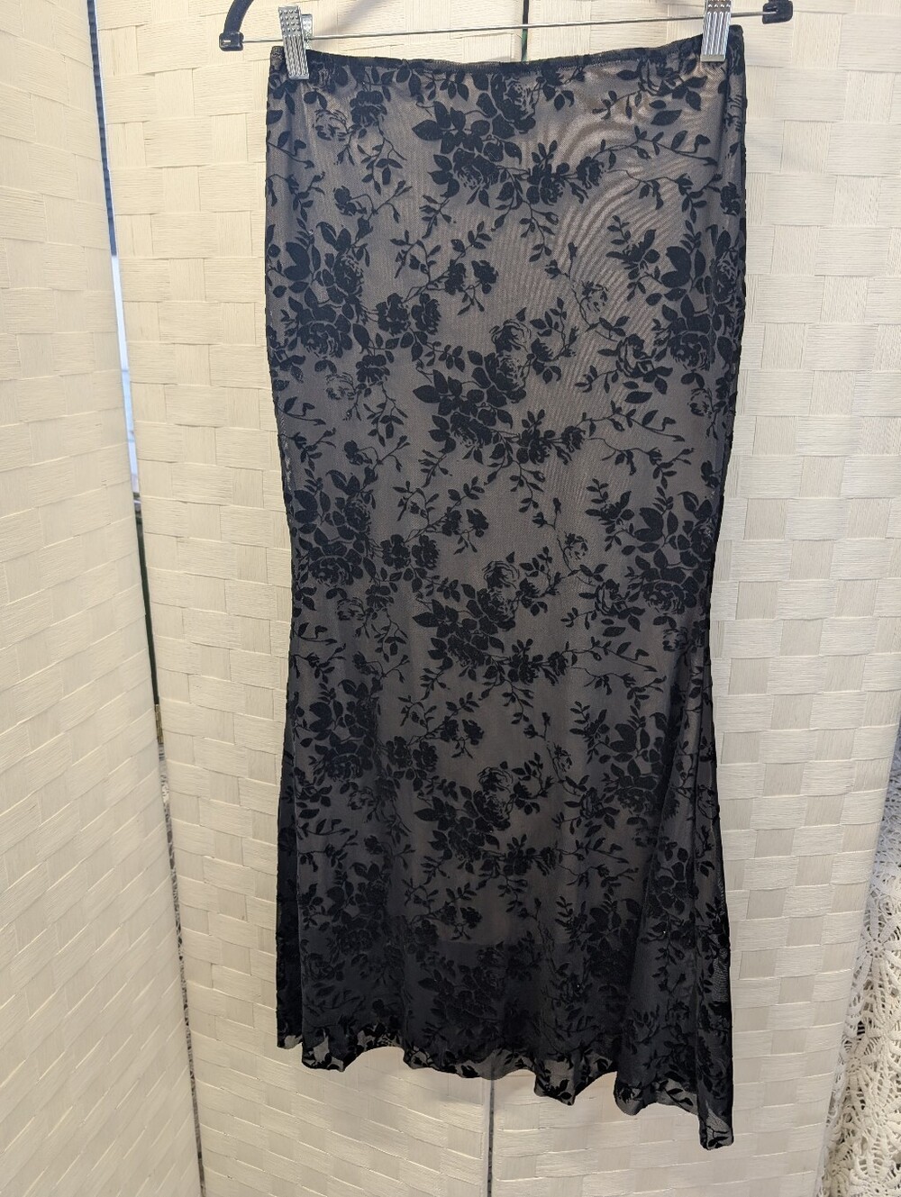 Skirt Black Burnt Velvet Floral Mesh Overlay Mermaid Midi Skirt Elastic Waist